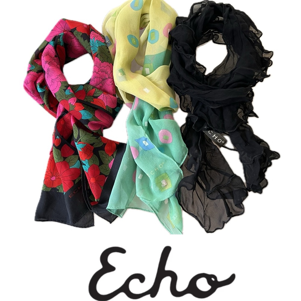 3️⃣🧣Lot of 3 Silk Scarves by ECHO | Oblong | Solid Black/Black Floral/Pastel